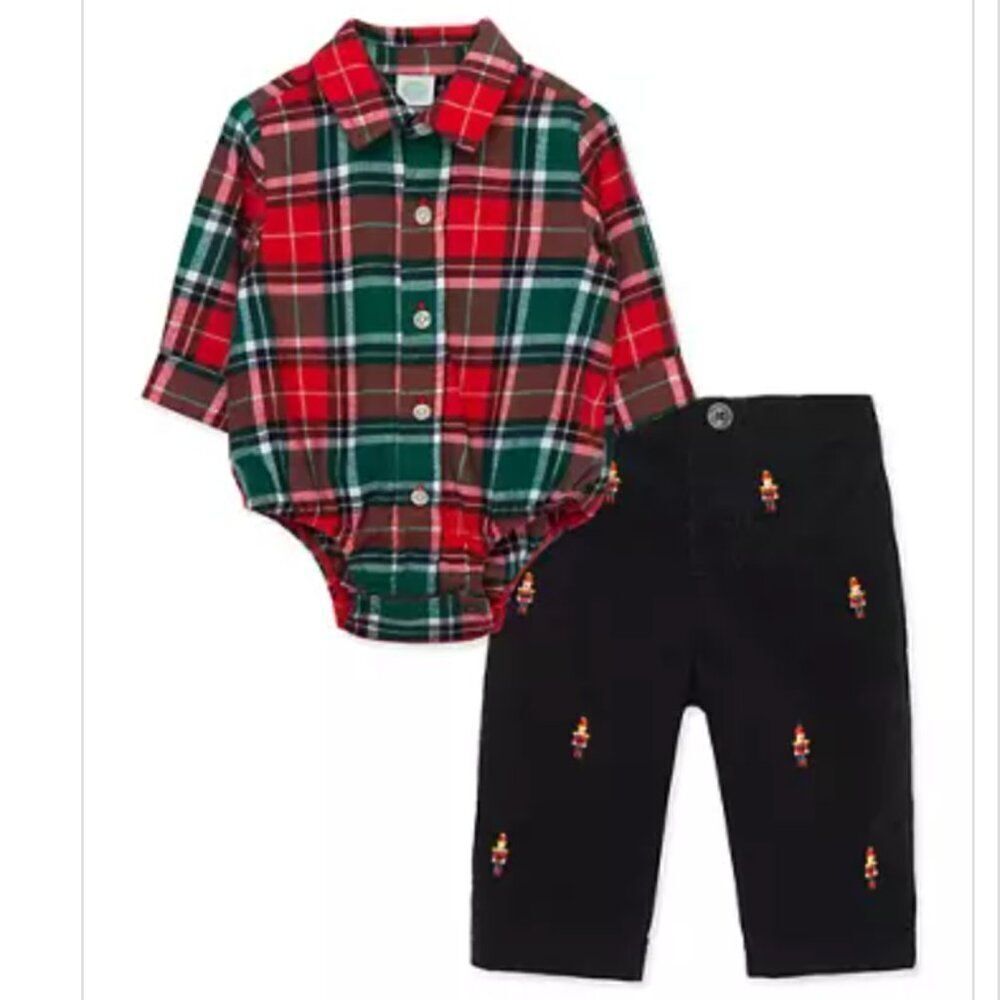 Little Me Baby Boys Merry Plaid shirt and Nutcracker Corduroy Pants Set NWT